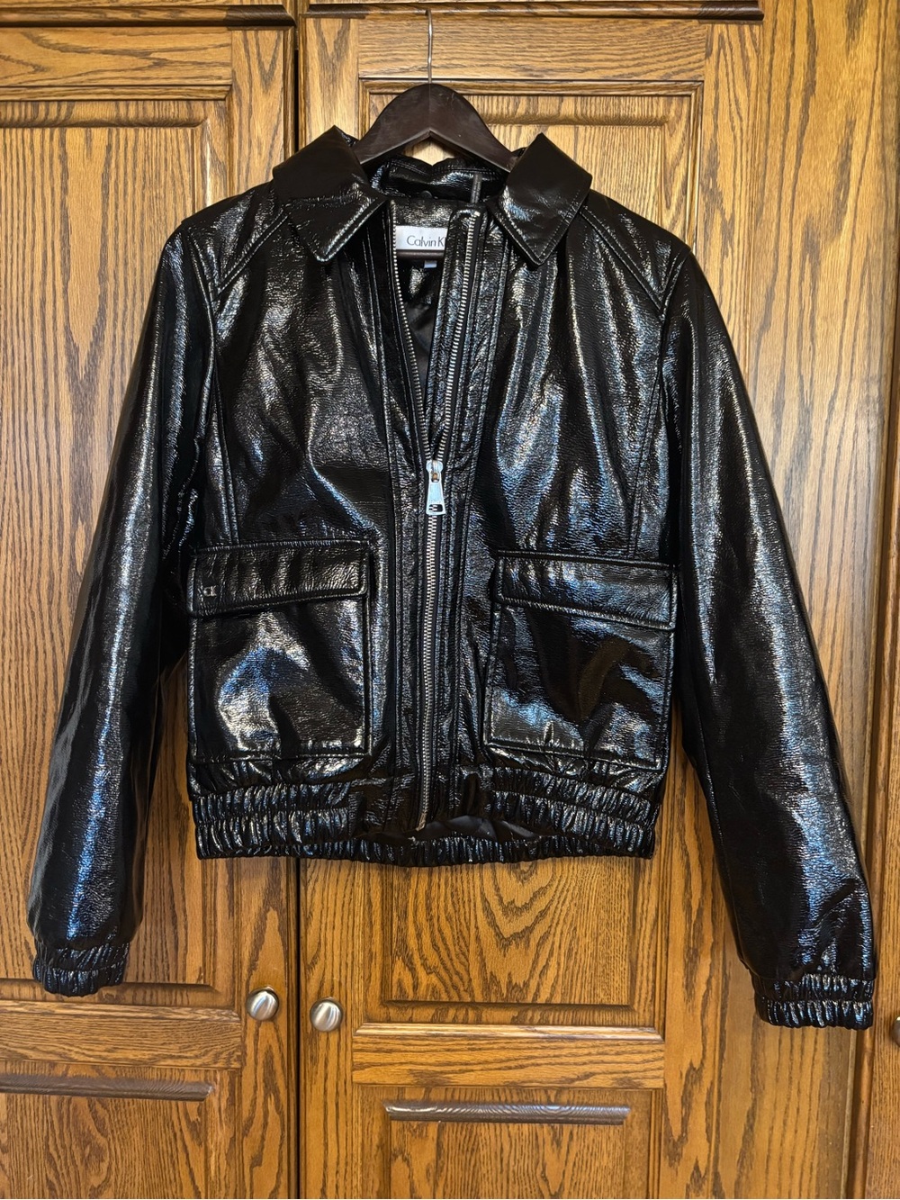 Women’s xsm Calvin Klein Shiny Black Zip-Front Jacket